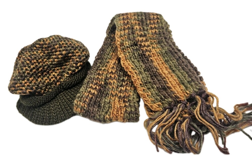 Knit Newsboy Cap & Scarf Set Olive Brown Rust Multicolor Winter